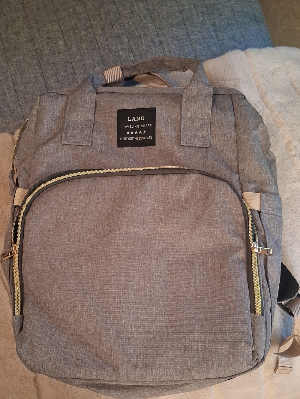 LAND Gray Baby Bag Backpack Pack And Play with Gold Zippers